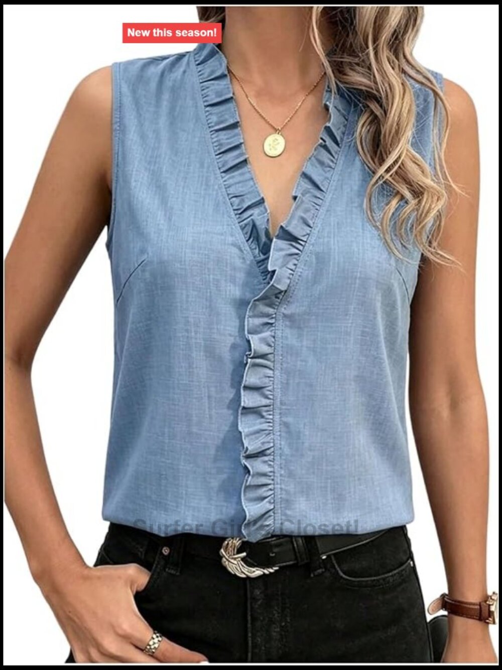 Ruffle Trim V Neck Tank Top Sleeveless Summer Blouse
